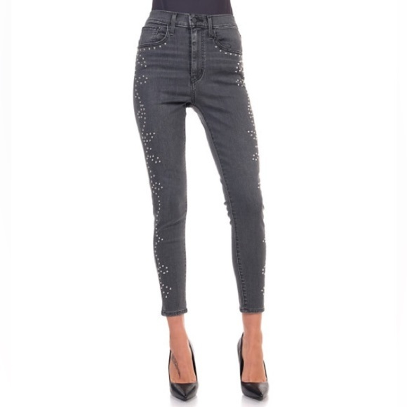Levi’s Mile High Super Skinny Grey Embellished Ankle Black Studded Rise Premium - Picture 2 of 14